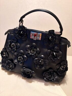 Fendi Peekaboo Mini Floral Appliqué Leather Bag – Black